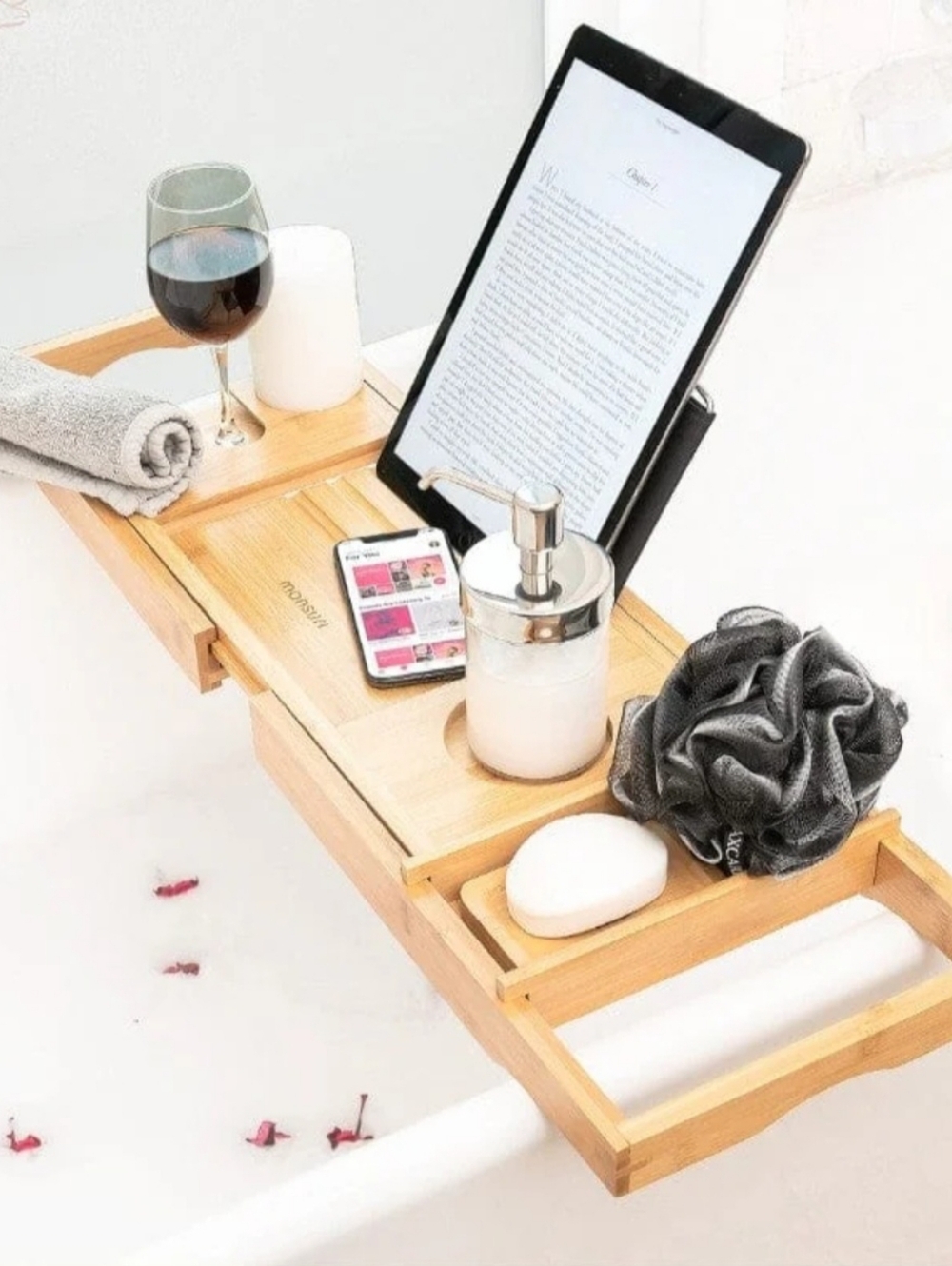 New!Bamboo Bathtub Caddy Tray & Bath Pillow - Picture 3 of 5